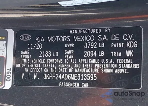 2021 Kia Forte Fe из США, поврежденный, VIN 3KPF24AD6ME313595